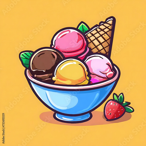 Illustration vector graphic of flat logo of various flavors of ice cream in a bowl cartoon vector icon illustration. cartoon style