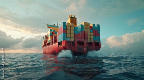 Container ship loaded carrying shipping containers in the sea.