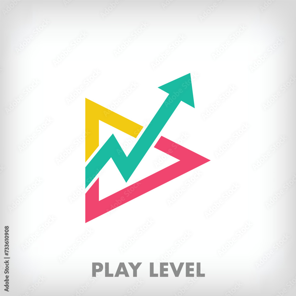 Rising arrow logo from creative play sign. Unique creative colors. Viewership increase logo template. vector. Rising arrow logo from creative play sign. Unique creative colors. Viewership increase logo template. vector.