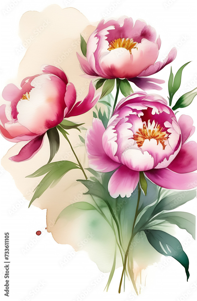 Garden flowers are pink peonies. Watercolor background of cloudy sky. 
