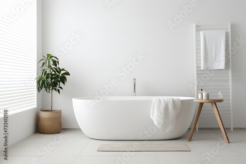 Modern white tub and beautiful green house plants in bathroom. Interior design