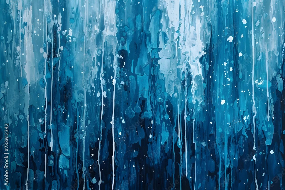 Abstract art inspired by the rhythm of rain, with vertical streaks and splashes in varying shades of blue to capture the essence of rainfall. - obrazy, fototapety, plakaty 