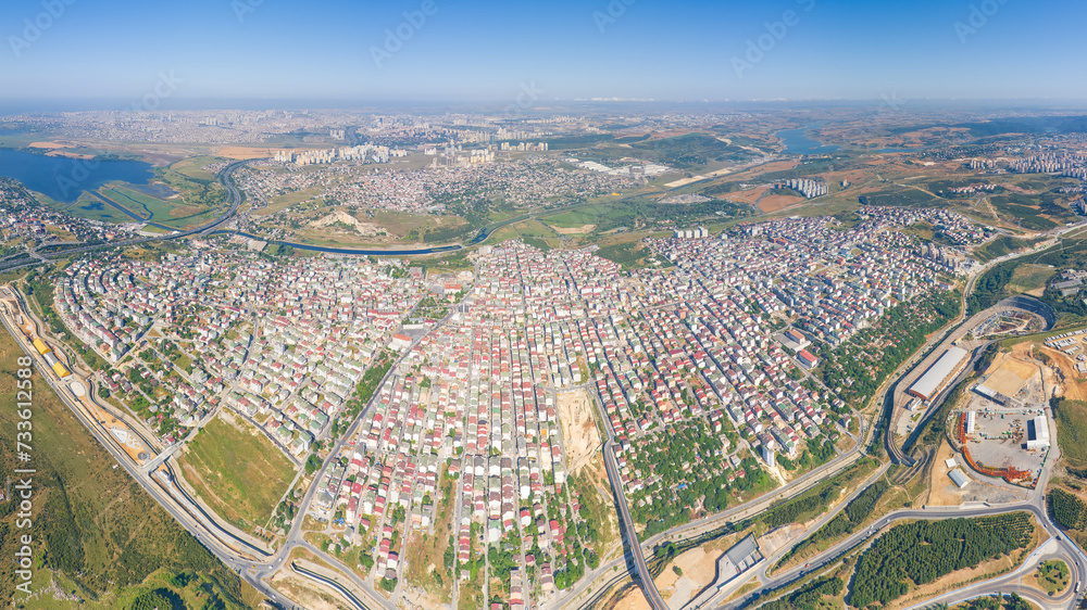 Istanbul, Turkey. Panorama of the city in the morning. Rresidential areas. Highways. Aerial view