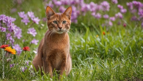 Ruddy abyssinian cat in flower field
