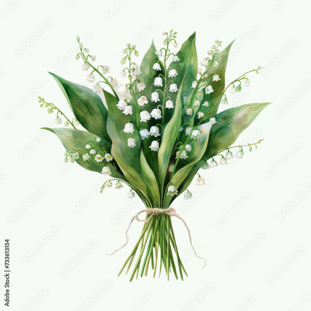 Obraz premium Watercolor lilies of the valley spring bouquet. Hand drawn vector illustration.