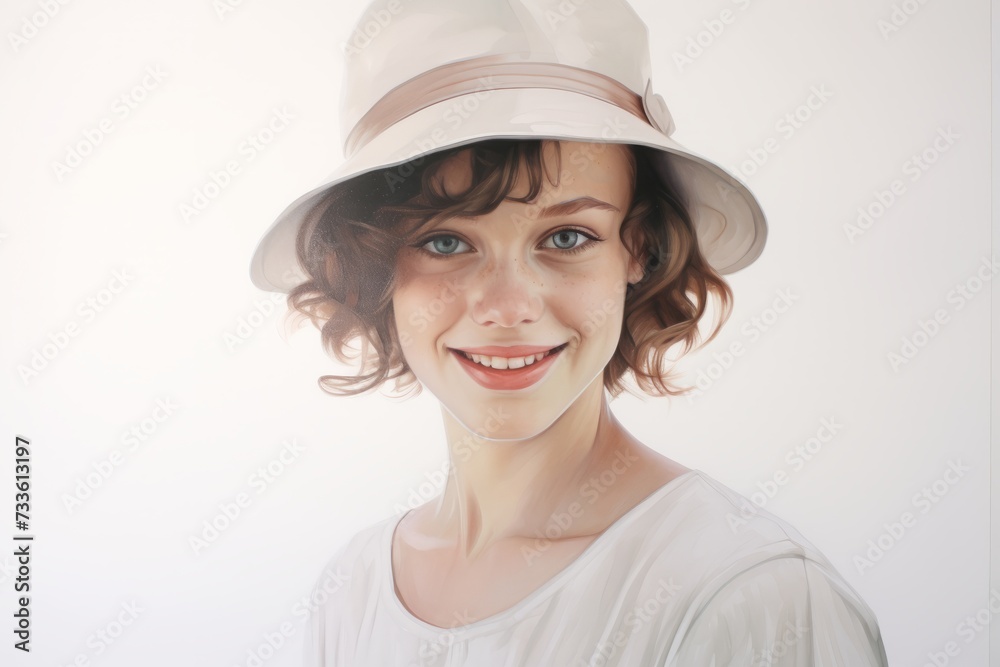 A customizable background illustration with a smiling young woman adorned with a hat, set against a white backdrop, offering ample space for the integration of additional design elements. A customizable background illustration with a smiling young woman adorned with a hat, set against a white backdrop, offering ample space for the integration of additional design elements.