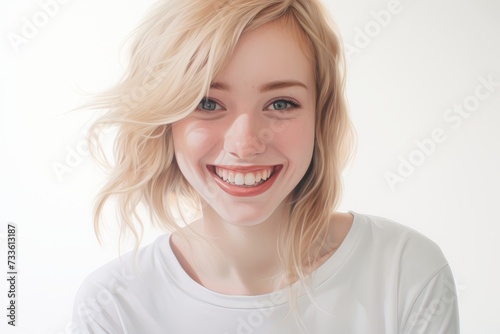 A background image featuring a smiling young woman centered against a white backdrop, providing ample space for customization, while exuding positivity and versatility.