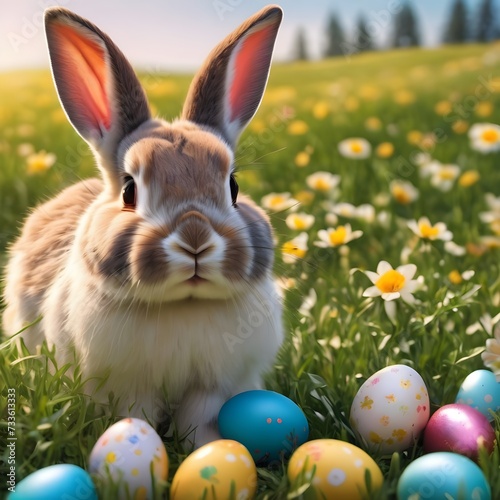 Adorable Bunny With Easter Eggs In Flowery Meadow 
