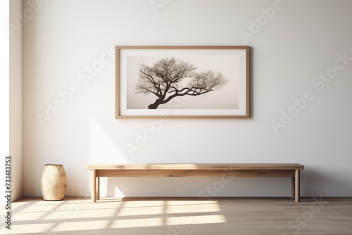 Rustic wooden bench positioned against a white wall with poster frame. Light and shadow from window. minimal tranquility and simplicity in this unique space conner white room, minimalist interior photo
