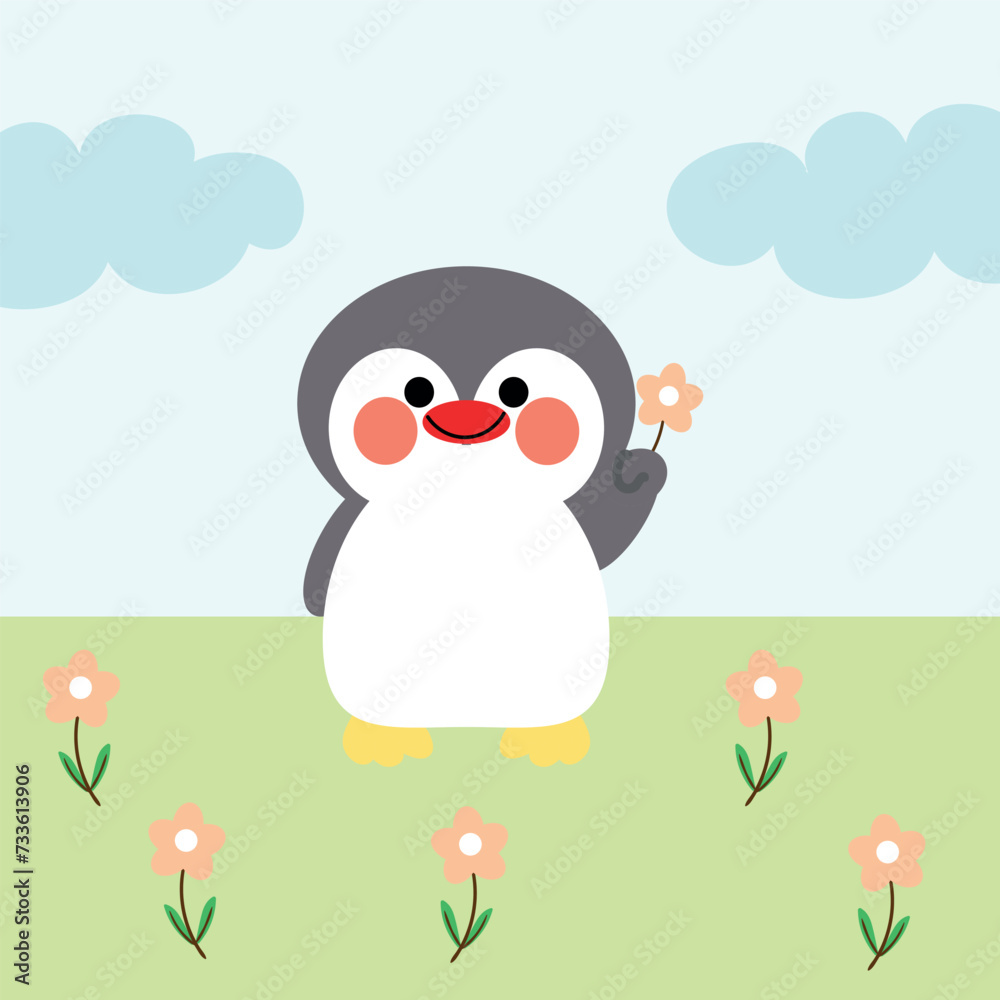 Cute illustration of a cartoon penguin holding a flower with cute handwriting. cute animal wallpapers, backgrounds and cards
