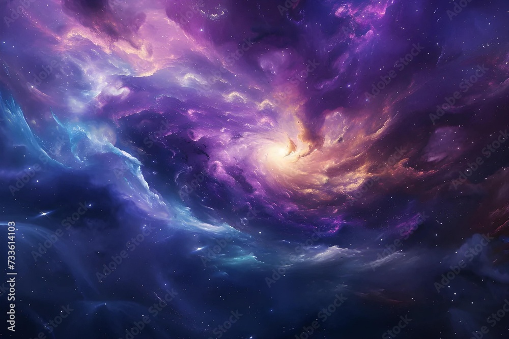Abstract interpretation of a galaxy, blending swirling purples, blues, and stars to convey the vastness of space. Abstract interpretation of a galaxy, blending swirling purples, blues, and stars to convey the vastness of space.