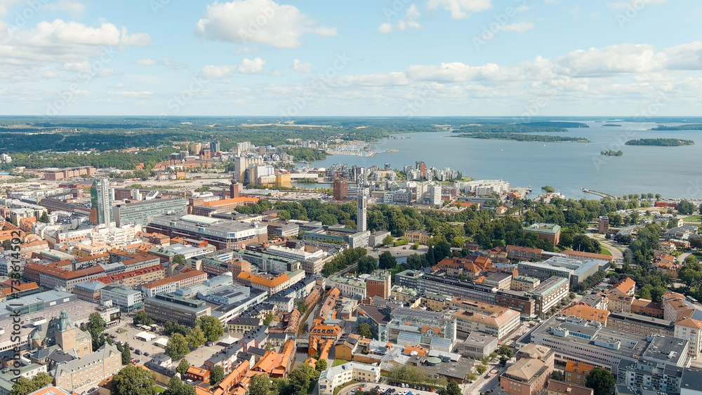 Vasteras, Sweden. Panorama of the city with the town hall and Lake Malaren. Summer day, Aerial View