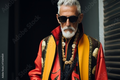 Portrait of an old man with a gray beard and mustache in a red jacket and sunglasses © Iigo