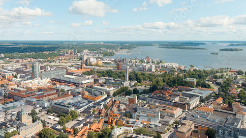 Fototapeta Naklejka Na Ścianę i Meble -  Vasteras, Sweden. Panorama of the city with the town hall and Lake Malaren. Summer day, Aerial View