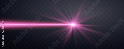 Pink horizontal laser beam. Neon line, presentation pointer. Pink glow flare light effect. Vector illustration. Isolated on dark transparent background.