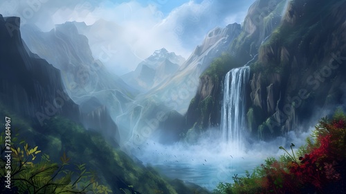 Illustration of scenic waterfall with mountains in the backdrop.