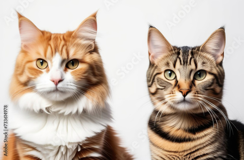 Two pretty fluffy cats sitting, facing front. Looking at camera with green eyes. Isolated on a white background. Portrait of ginger tabby cat. Beautiful cute orange striped cat close up. Banner design