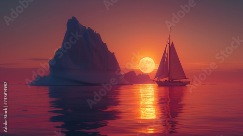 Sailboat cruising among massive icebergs during dusk. Disko Bay, Greenland, sailing boat in front of a full moon with white ice , white sailing boat