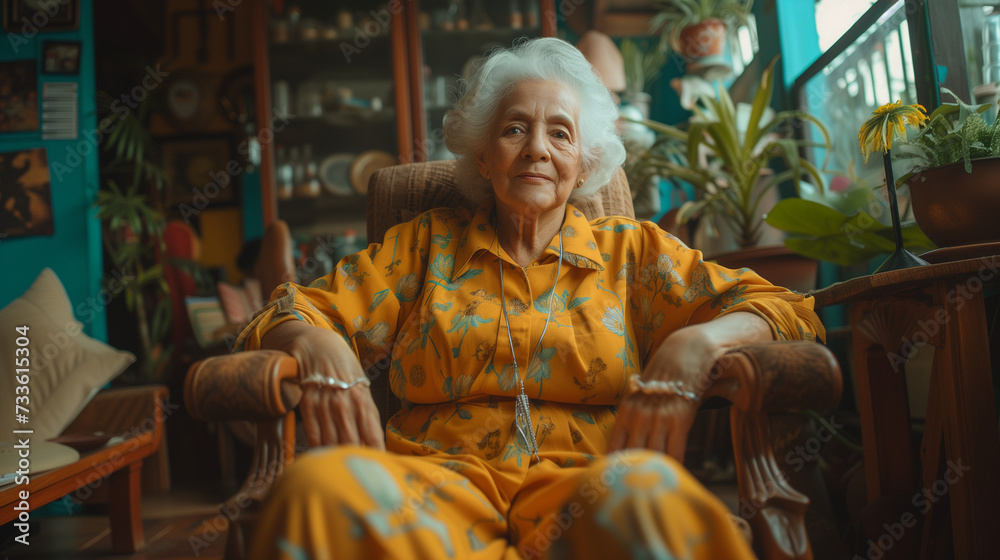 portrait of a senior woman sitting on a sofa, old Brazilian elderly gre hair woman 