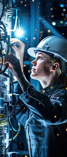 An electrician connects electrical wires. A girl electrical engineer works with electrical wiring at an enterprise.