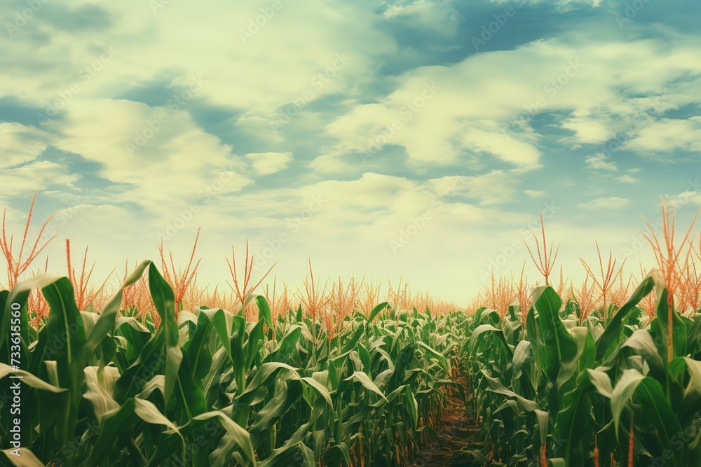 Obraz premium Green corn field in farm garden and shining light at sunrise