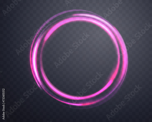 Pink magic ring with glowing. Neon realistic energy flare halo ring. Abstract light effect on a dark transparent background. Vector illustration.