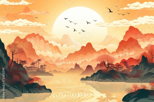 Illustration of landscape of Guilin, Li River and Karst mountains, China. Generative ai photo