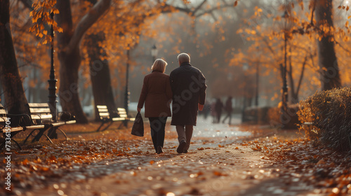 elderly old men and woman walking in the park, happy senior couple going for a walk in the park, pension retired couple