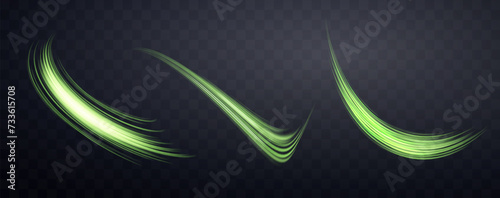 Glowing green lines set. Neon realistic energy speed. Abstract light effect on a dark transparent background. Vector illustration.