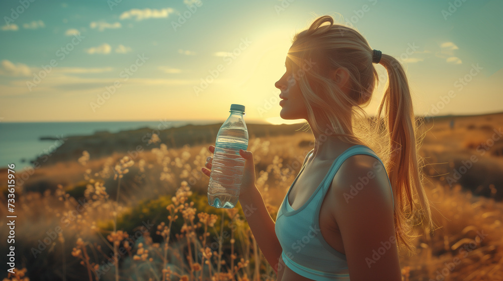 Drinking water, women after sports run and training in nature. Workout, hiking, and walking challenge with a bottle of water, sweating girl drinking water after sport  at sunset - obrazy, fototapety, plakaty 