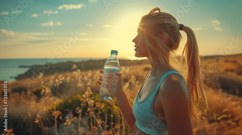Drinking water, women after sports run and training in nature. Workout, hiking, and walking challenge with a bottle of water, sweating girl drinking water after sport  at sunset photo