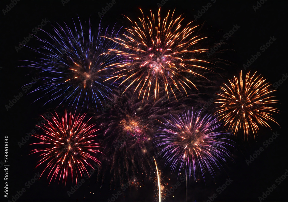 Fireworks in the night sky fire embers particleless over black background fire sparks with colorful glitter flame sky