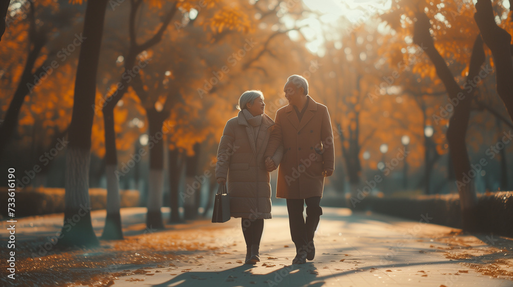 elderly old men and woman walking in the park, happy senior couple going for a walk in the park, pension retired couple - obrazy, fototapety, plakaty 