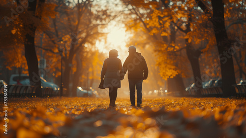 elderly old men and woman walking in the park, happy senior couple going for a walk in the park, pension retired couple at sunset © Fokke Baarssen