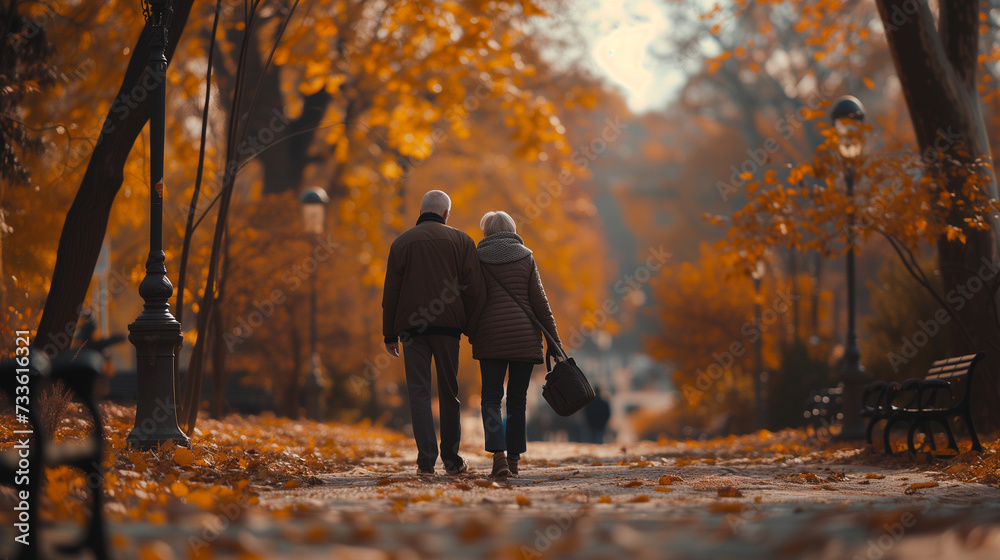 elderly old men and woman walking in the park, happy senior couple going for a walk in the park, pension retired couple at autumn - obrazy, fototapety, plakaty 