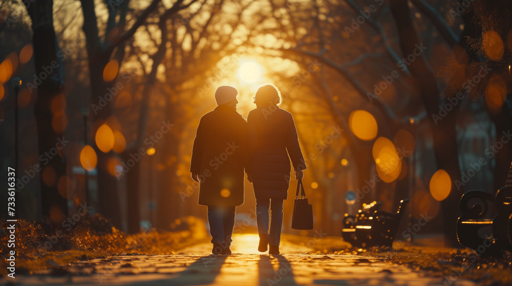 elderly old men and woman walking in the park, a happy senior couple going for a walk in the park, pension retired couple at sunset walking - obrazy, fototapety, plakaty 