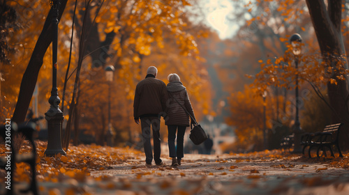 elderly old men and woman walking in the park, happy senior couple going for a walk in the park, pension retired couple at autumn