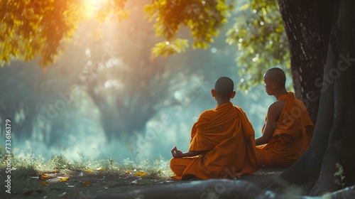 Two monks meditate in nature, calm, religion. Background and banner for news and website 