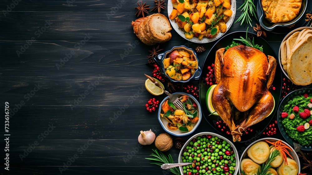 Traditional Thanksgiving day feast with delicious cooked turkey and other seasonal dishes served on black wooden table, flat lay - obrazy, fototapety, plakaty 