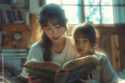 Mother and her daughter reading bible ,family worship or woman studying, reading book or learning God in religion