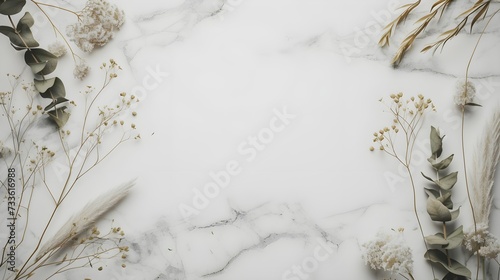 Top view of a flat lay mock-up with a dry natural grass, leaves, and flowers frame on a white marble
