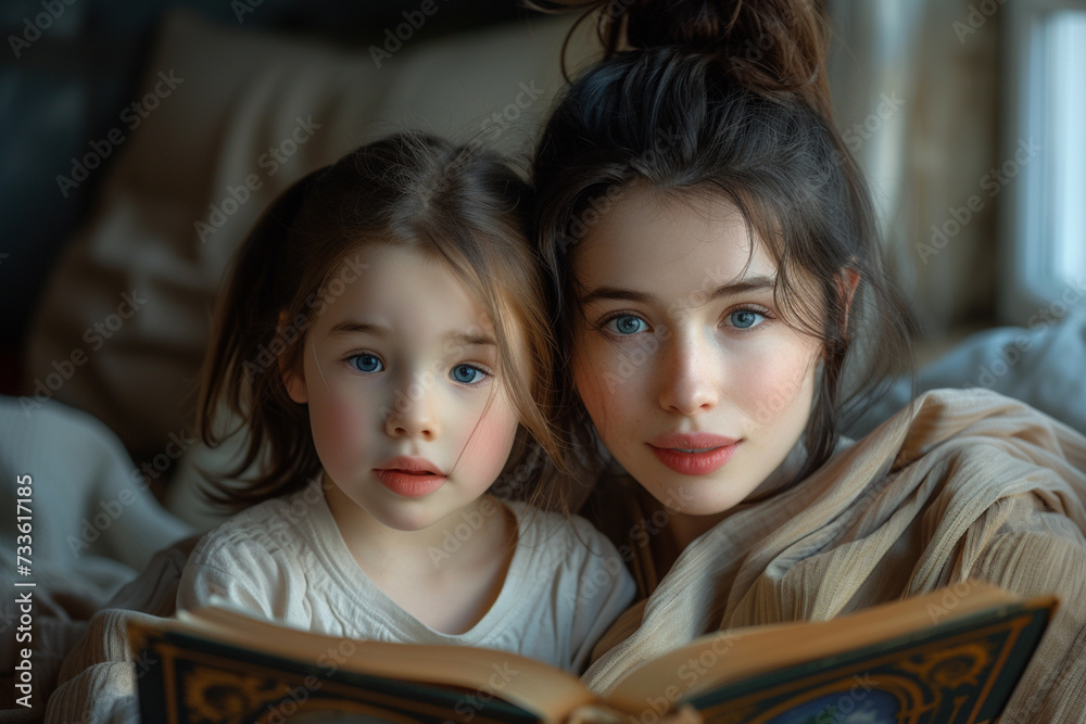 Mother and her daughter reading bible ,family worship or woman studying, reading book or learning God in religion Mother and her daughter reading bible ,family worship or woman studying, reading book or learning God in religion