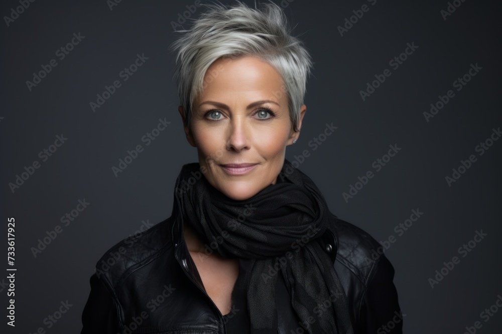 Beautiful middle aged woman wearing a black leather jacket and scarf. Beautiful middle aged woman wearing a black leather jacket and scarf.