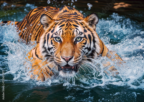 Close up of a tiger swimming in the water in a zoo