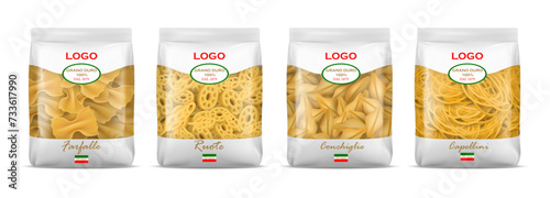 Pasta package. Realistic farfelle or ruoty bag mockup. Macaroni plastic packaging. Italian food. Conchiglie and capellini wrapper. Transparent cellophane frame. Vector products packs set