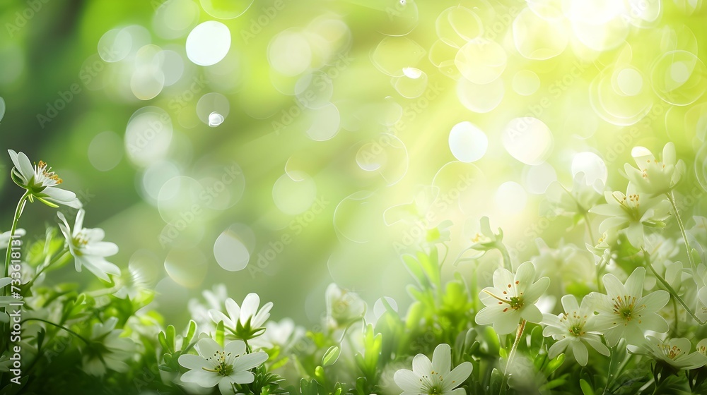 Spring's Vitality: White Flowers and Fresh Greenery with Enchanting Bokeh Effect and open space for text Spring's Vitality: White Flowers and Fresh Greenery with Enchanting Bokeh Effect and open space for text
