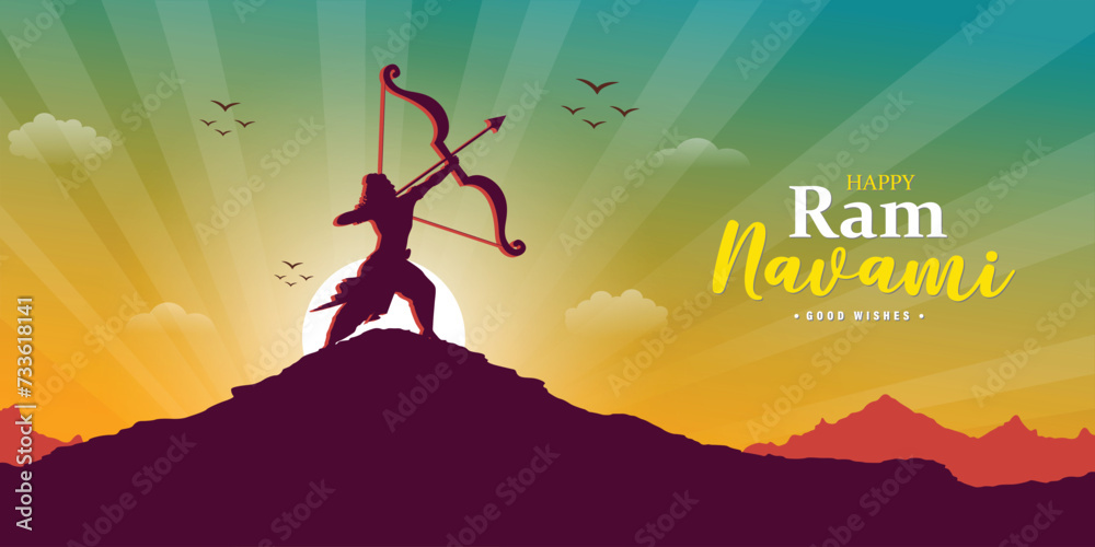 Happy Ram Navami wishes or greeting sunset social media banner or poster design with bow or mountain vector illustration - obrazy, fototapety, plakaty 
