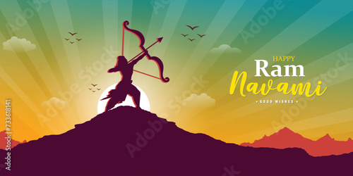 Happy Ram Navami wishes or greeting sunset social media banner or poster design with bow or mountain vector illustration