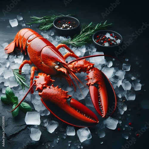 A beautiful red lobster lying on ice and on a black or dark background with space for inscriptions or logos. Seafood background. generative ai photo