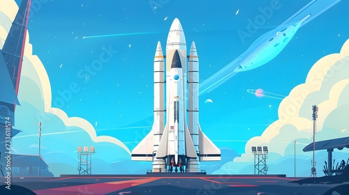 Space rocket is on launch pad before start, spaceship on blue sky background. Concept of travel, technology, science
